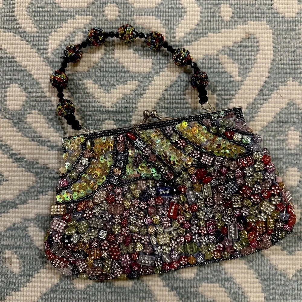 Vintage Colorful Beaded Handbag Black Fabric Satin Lining Multicolored Beads‎